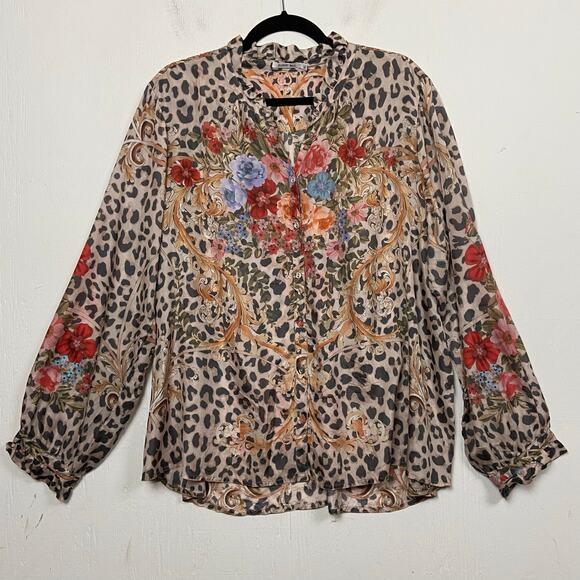 Johnny Was Amabel 100% Silk Blouse Large Cheetah Print Button Up Extra Large - Picture 2 of 14